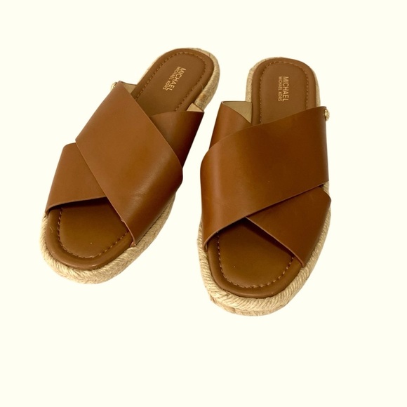 MICHAEL Miichael Kors Linden Brown Slip On Leather Sandals Size 9M Flat Jute - Picture 2 of 12
